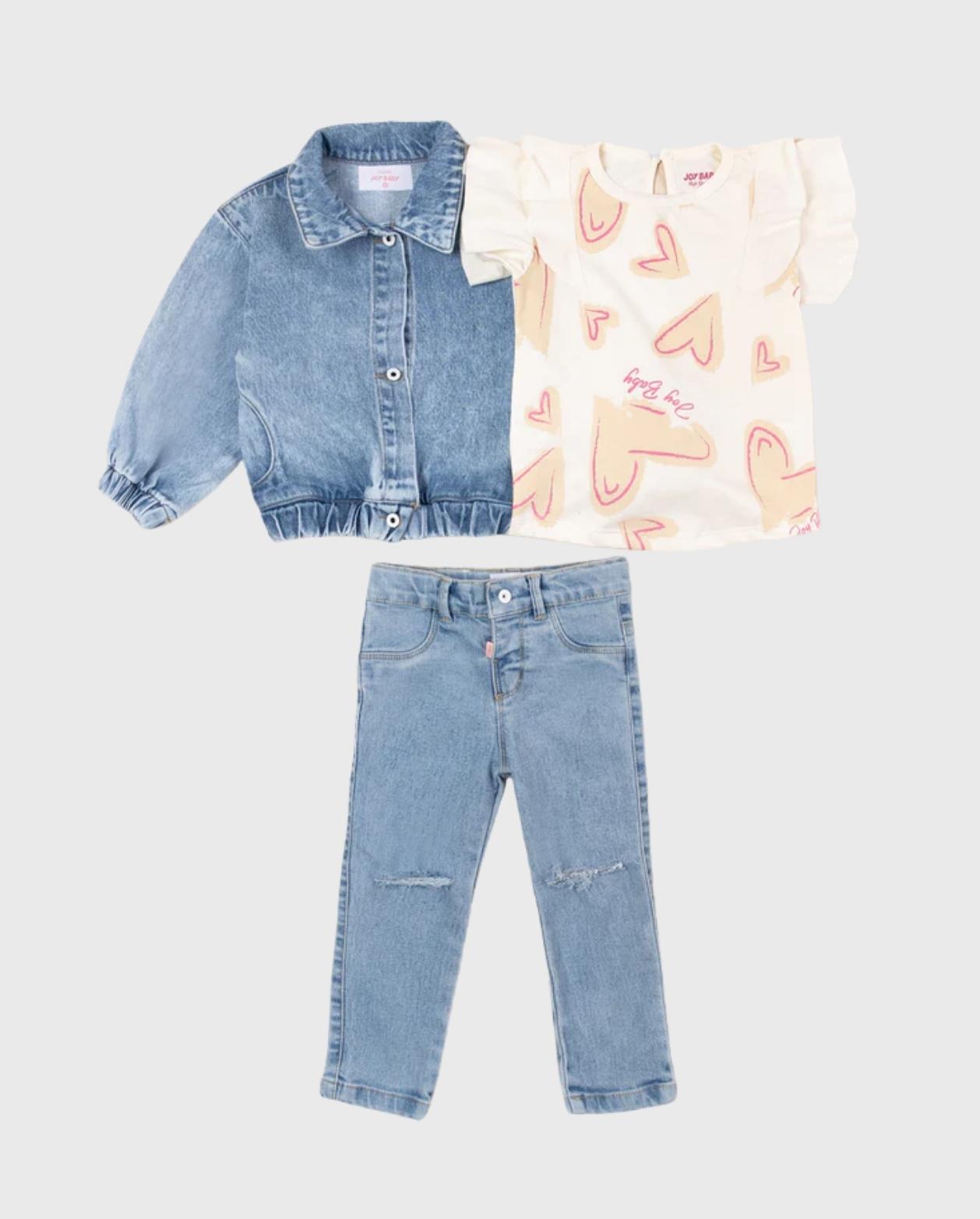 Conjunto 3 Piezas Denim Blusa Corazones Blanco