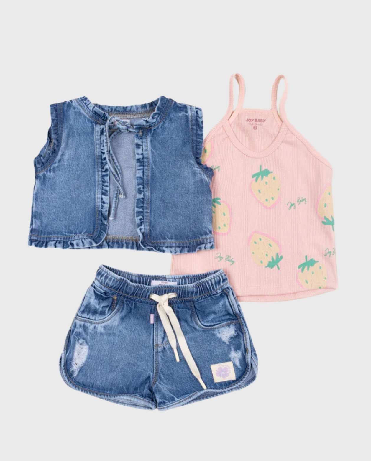 Conjunto 3 Piezas Denim Fresas Rosado