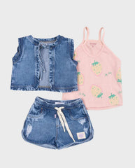 Conjunto 3 Piezas Denim Fresas Rosado
