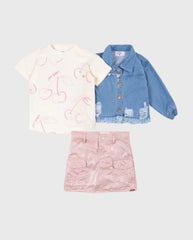 Conjunto 3 Piezas Falda Brillos Cerezas Rosa