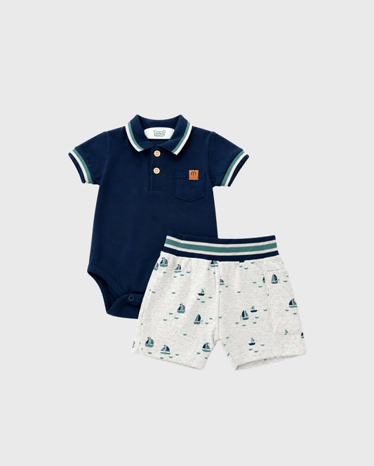 Conjunto Bermuda Estampado Barcos Navy