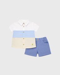 Conjunto Bermuda y Camisa Lino Rayas Azul
