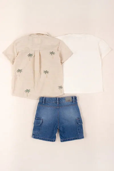 Conjunto Bermuda y Camisa Palmeras beige diseño