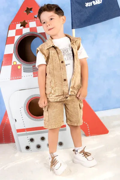 Conjunto Bermuda y Chaleco Denim Camel niño