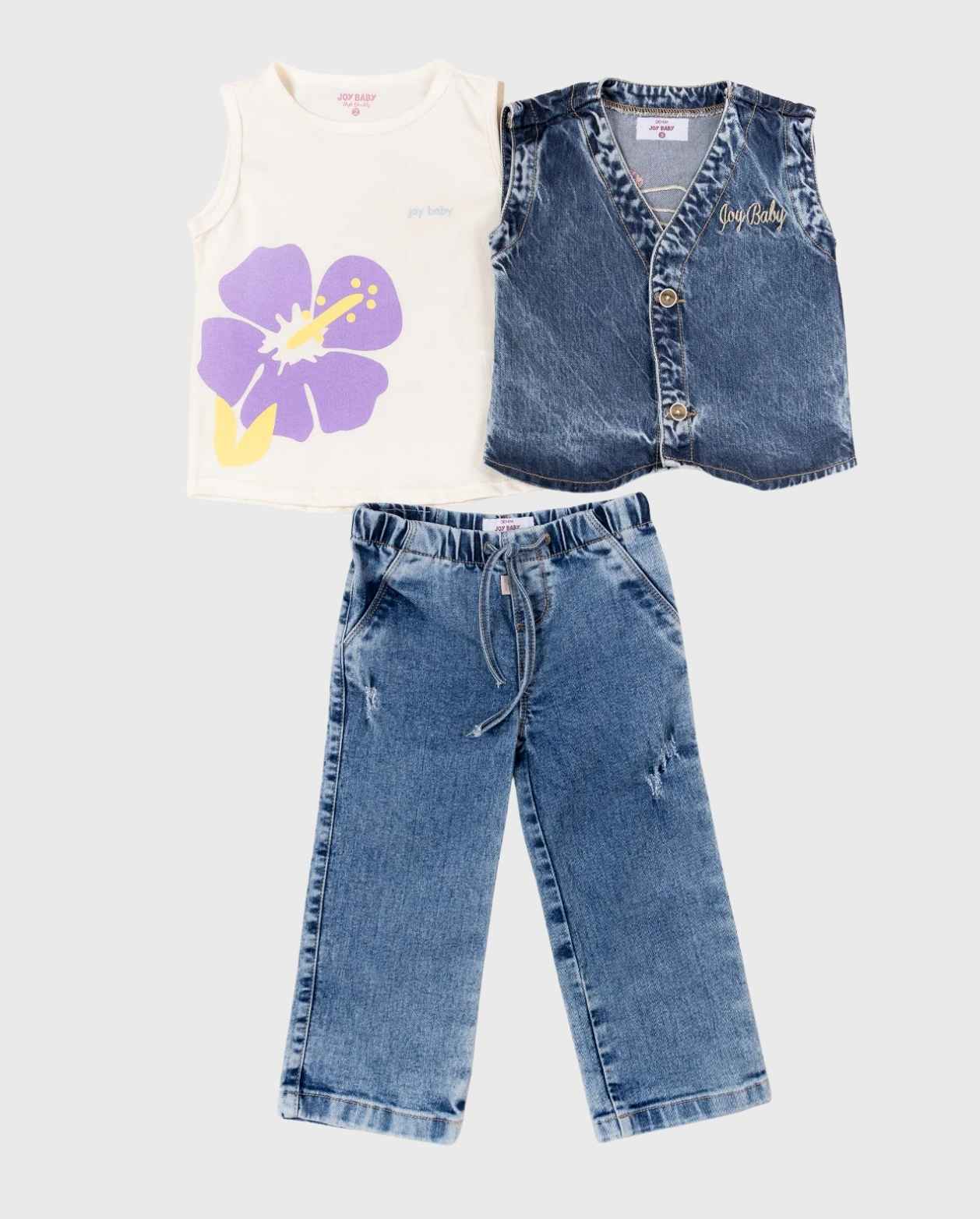 Conjunto Chaleco Denim Flores Blanco