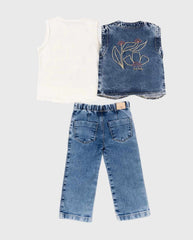 Conjunto Chaleco Denim Flores Niñas