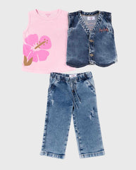 Conjunto Chaleco Denim Flores