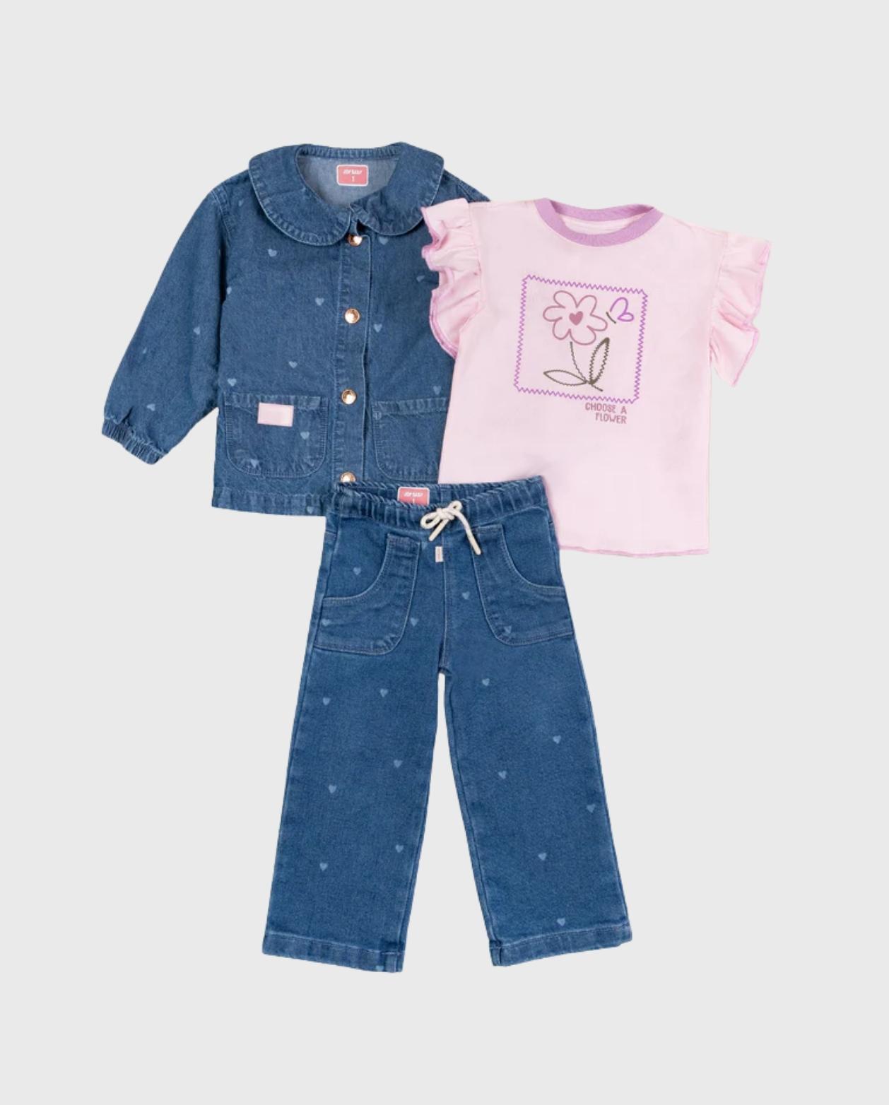 Conjunto Denim Estampado Corazones Lila