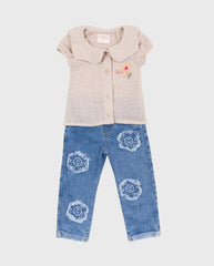 Conjunto Pantalón Denim Flores Lino