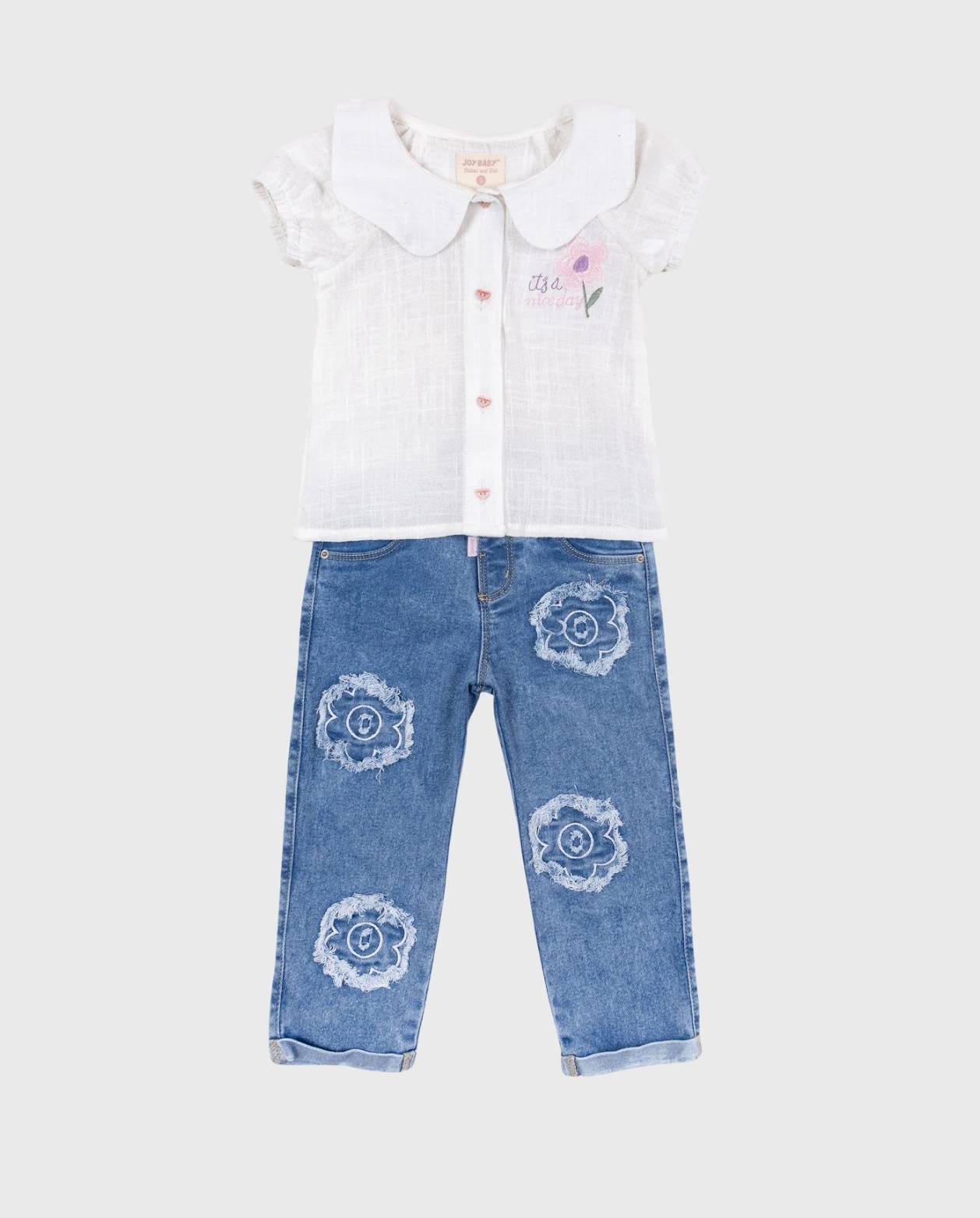 Conjunto Pantalón Denim Flores Blanco