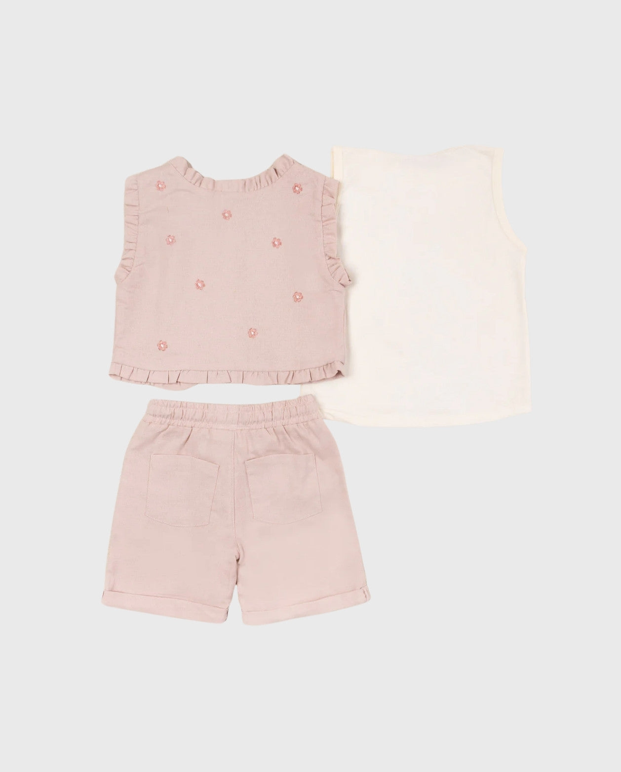 Conjunto Short Chaleco Margaritas Rosa Beige Detalles