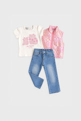 Conjunto 3 Piezas Chaleco Flores Tornasol Rosa