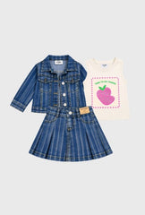 Conjunto 3 Piezas Falda Short Denim Fresa Blanco 