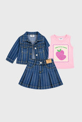 Conjunto 3 Piezas Falda Short Denim Fresa Rosa