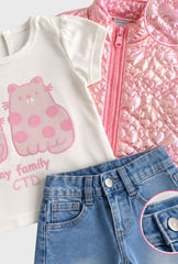 Conjunto 3 Piezas Chaleco Flores Tornasol Rosa