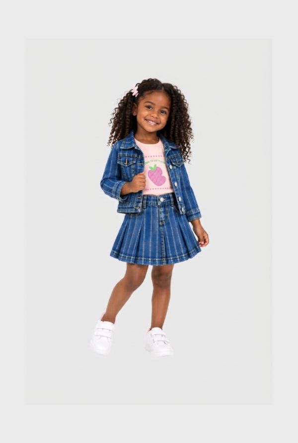 Conjunto 3 Piezas Falda Short Denim Fresa Rosa