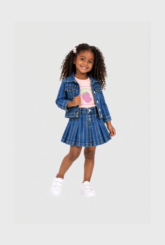 Conjunto 3 Piezas Falda Short Denim Fresa Rosa