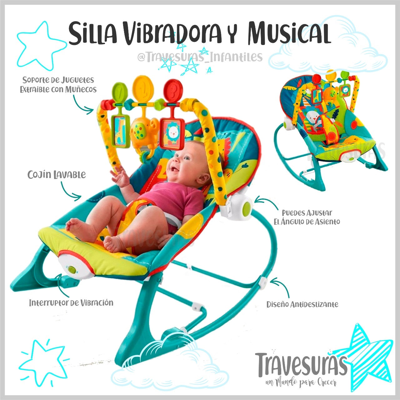 Silla Mecedora Vibradora Y Musical León Verde Funciones