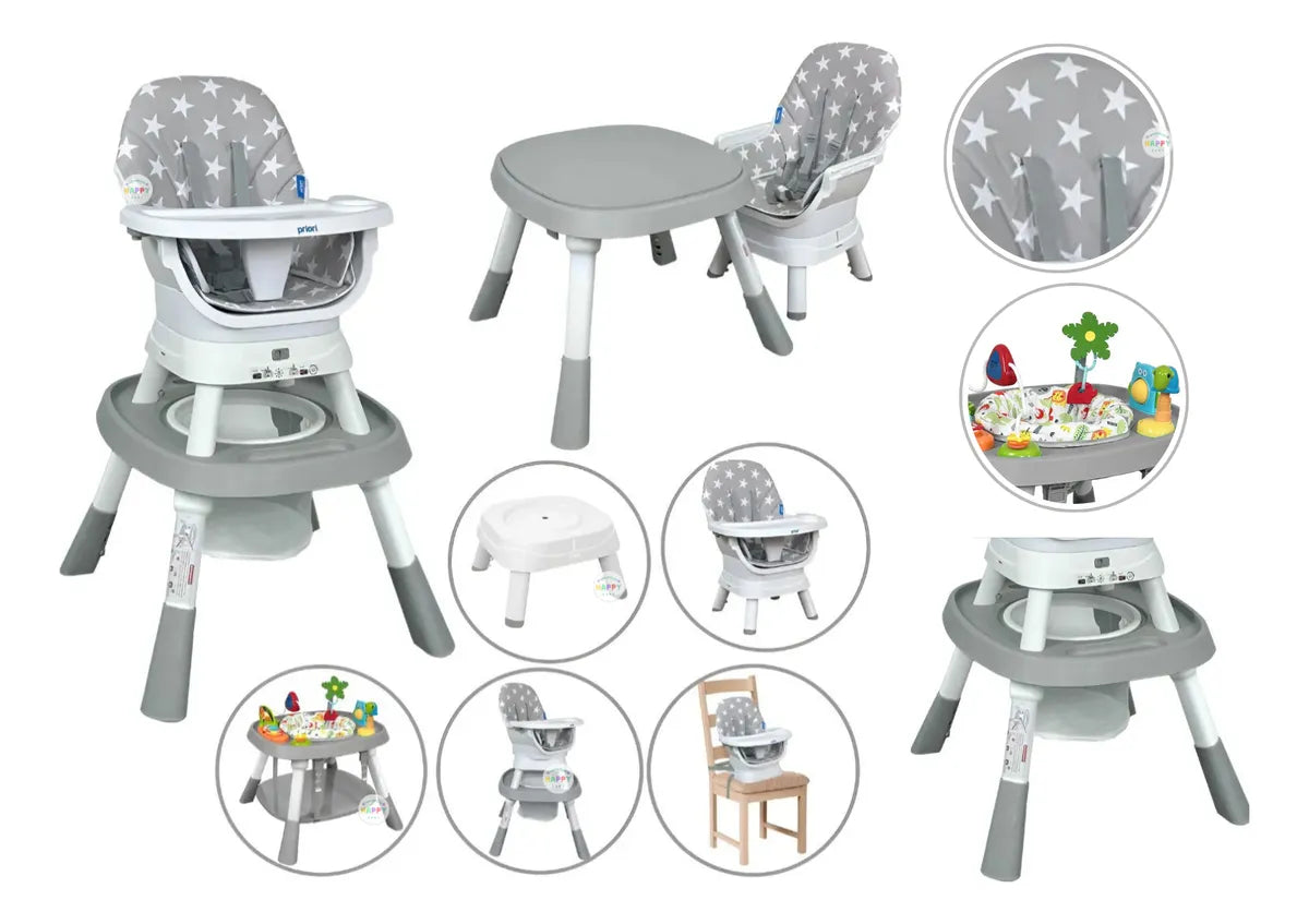 Silla comedor Gris Yae para bebé multifuncional 12 en 1, bandeja desmontable, cinturón de seguridad en 5 puntos, con juguetes didácticos, giro 360° de la silla - Priori