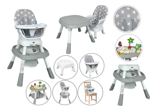 Silla comedor Gris Yae para bebé multifuncional 12 en 1, bandeja desmontable, cinturón de seguridad en 5 puntos, con juguetes didácticos, giro 360° de la silla - Priori