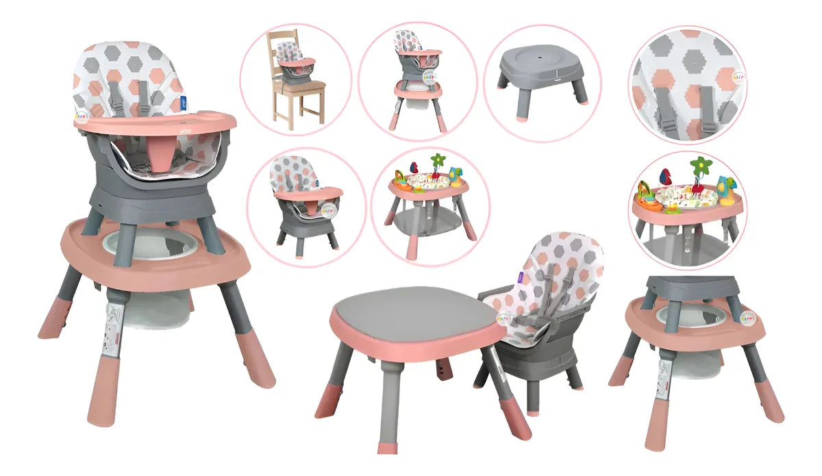 Silla comedor Rosa Yae para bebé multifuncional 12 en 1, bandeja desmontable, cinturón de seguridad en 5 puntos, con juguetes didácticos, giro 360° de la silla - Priori