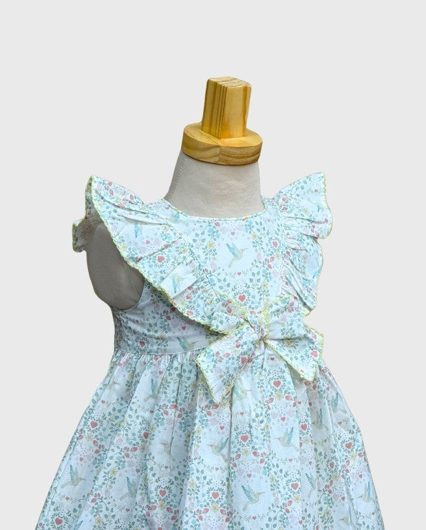 Vestido Moño Estampado Colibrí Floral Deolinda Detalle