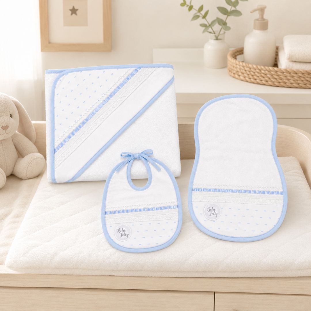 Set Toalla Con Capota Detalles Bordados Azul modelo