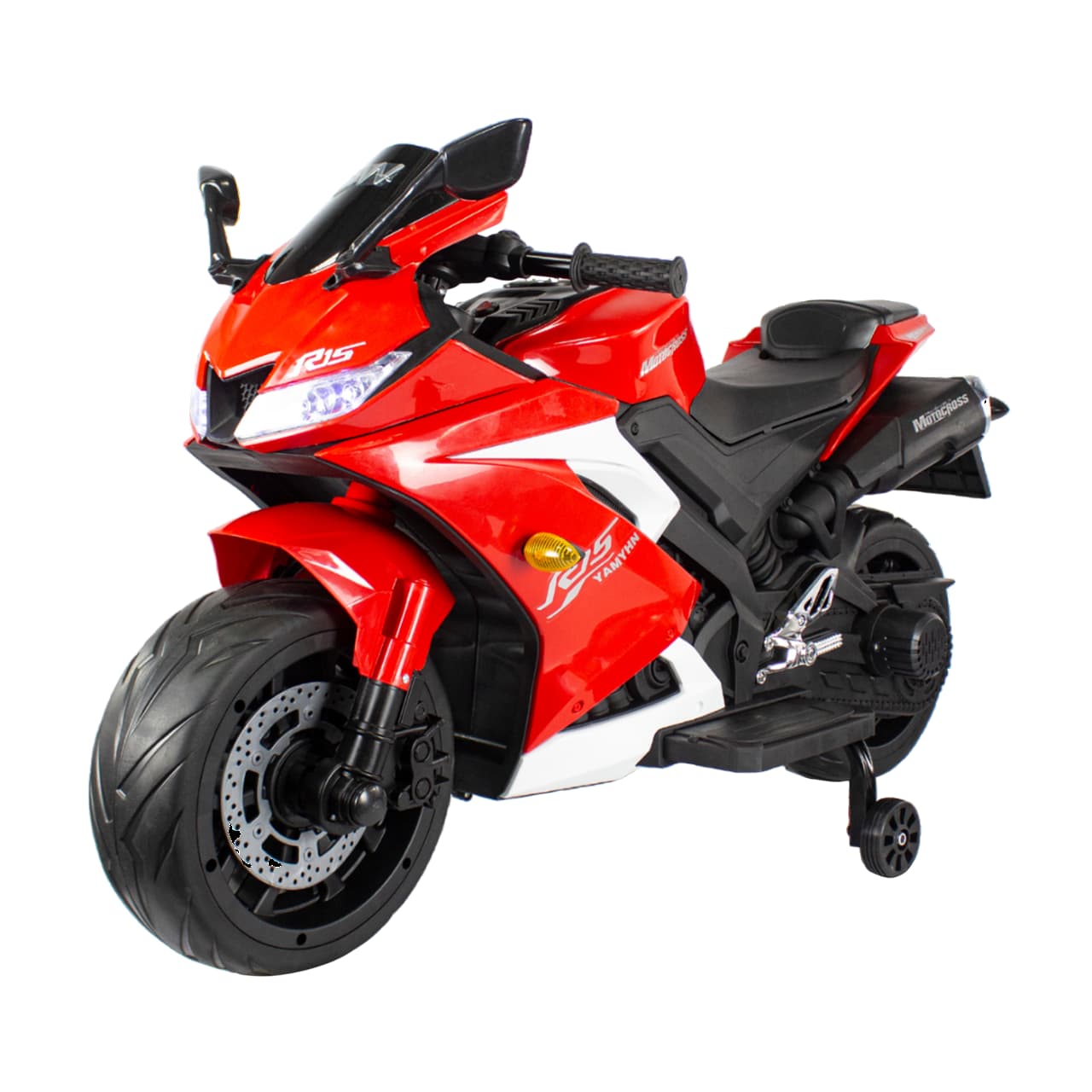 Moto eléctrica infantil F15 roja 12V con ruedas auxiliares y luces LED