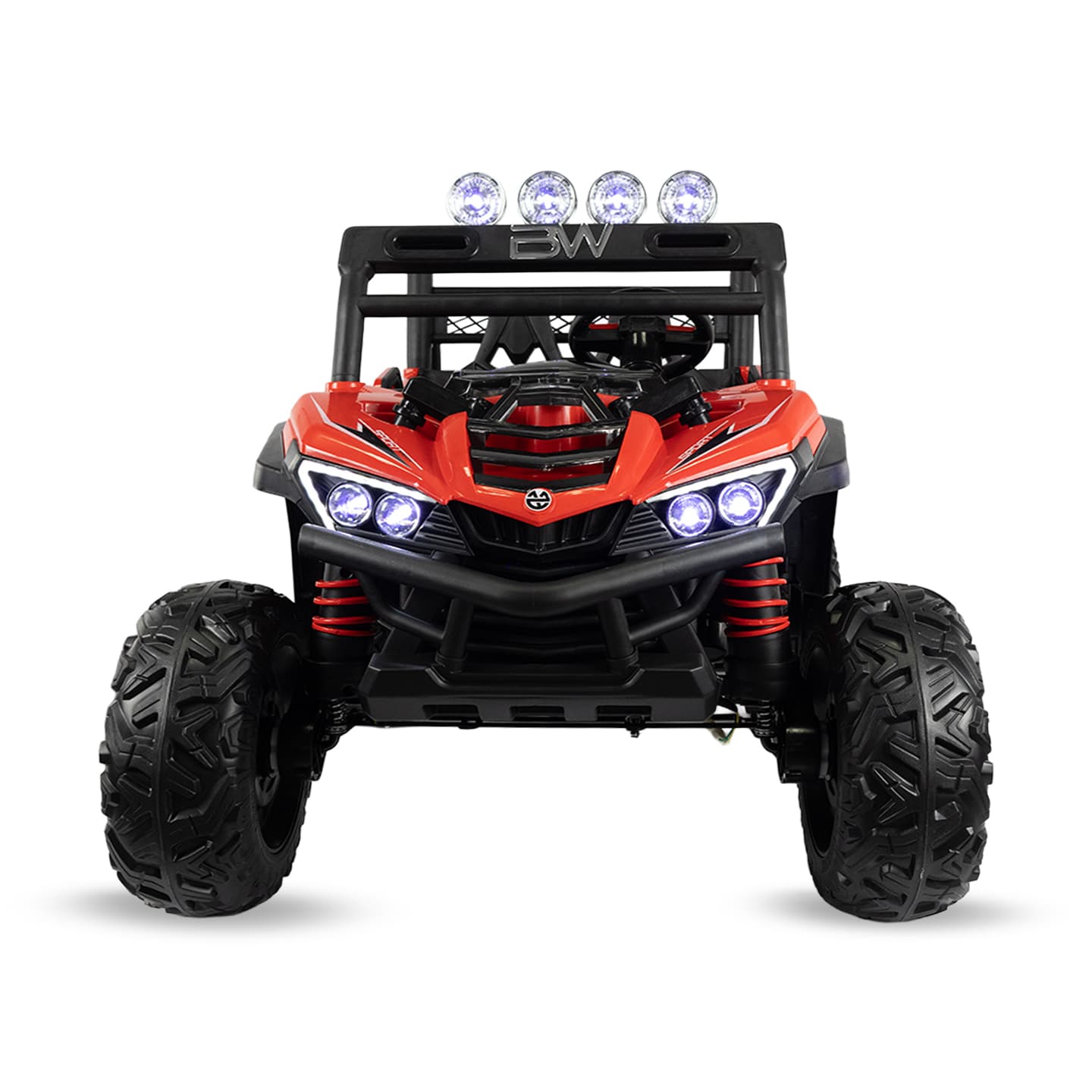 Detalle de ruedas grandes de goma EVA del vehículo infantil