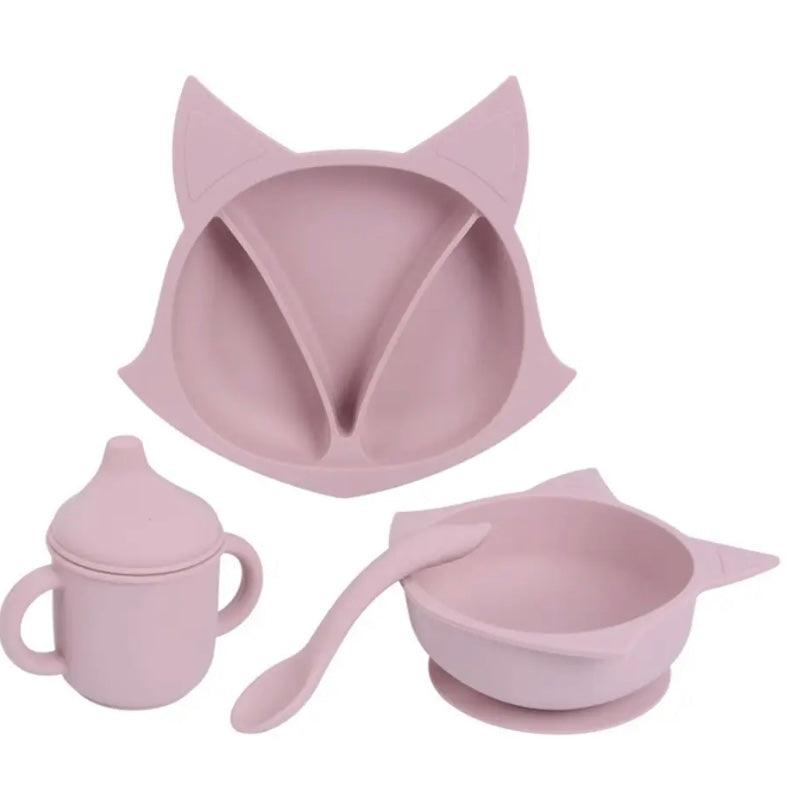 Set 5 Piezas Vajilla Y Babero En Silicona Zorrito Rosa