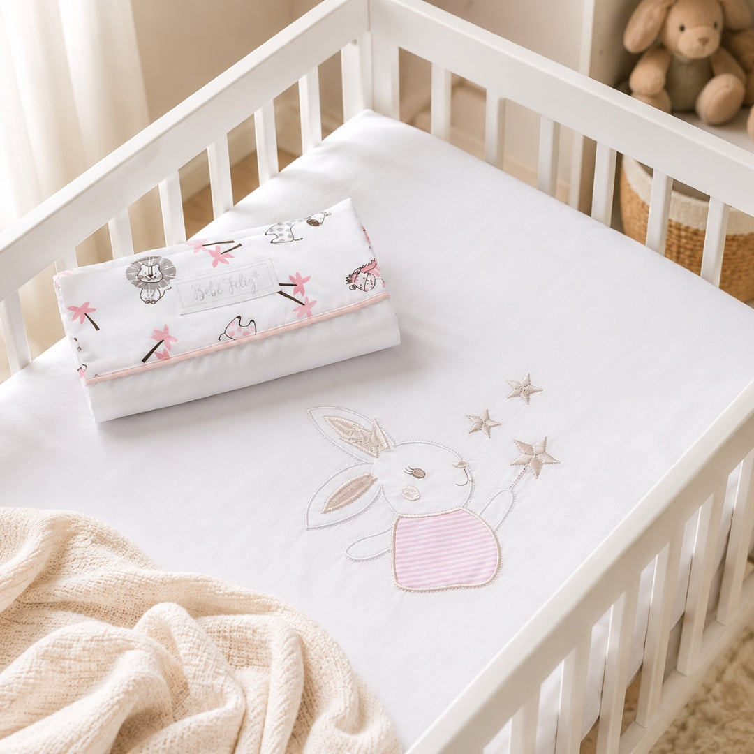 Juego De Sábanas Bordado Blanco Rosa El Bebé Feliz DETALLE
