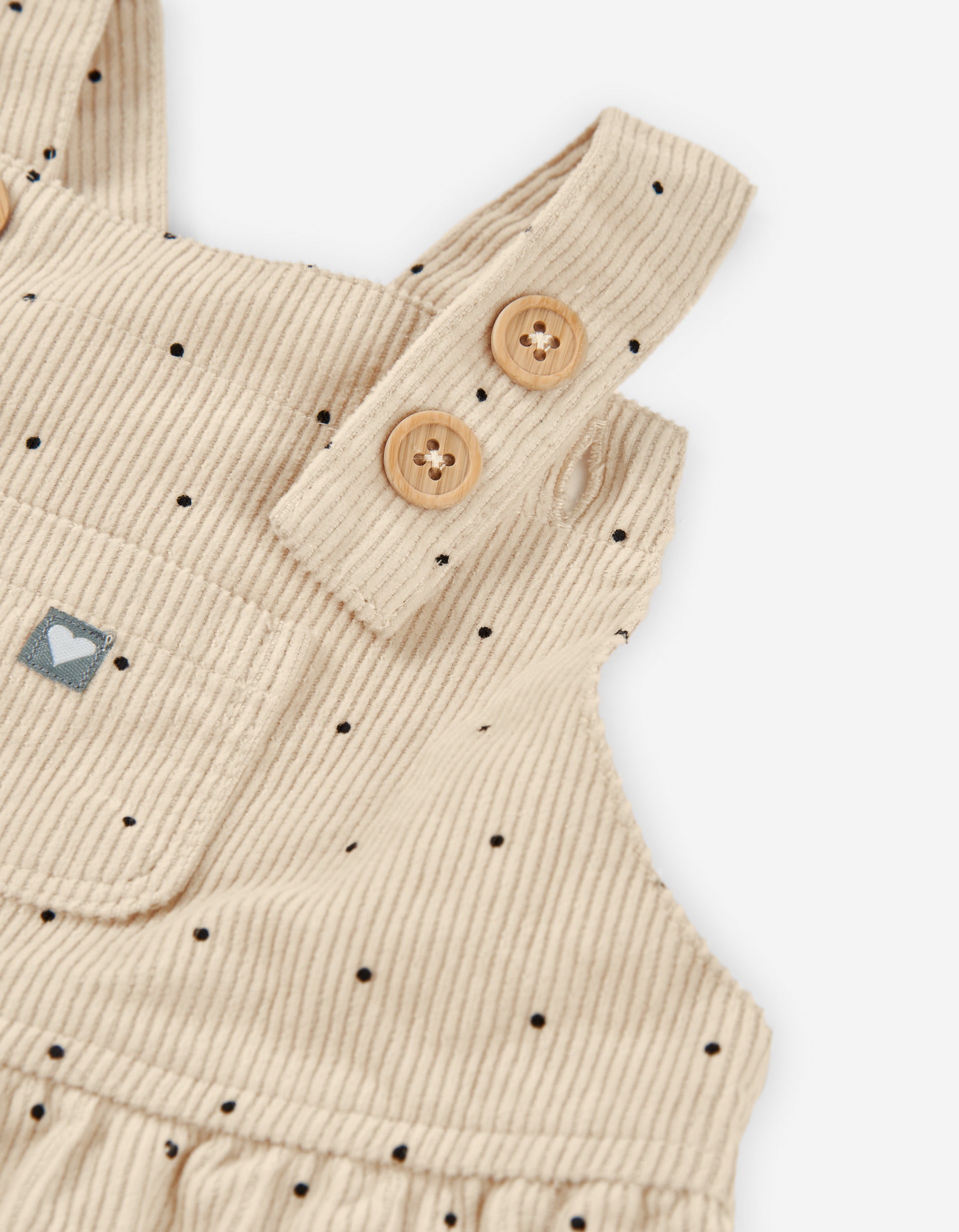 Detalle de botones de madera y costura en tela de pana