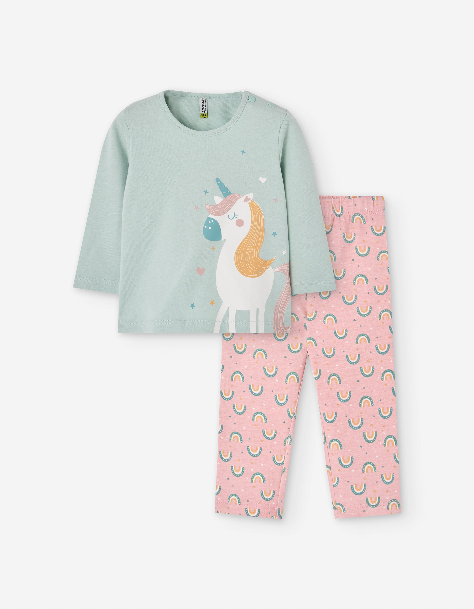 Conjunto para niña Losan con camiseta unicornio menta y leggings rosa con arcoíris
