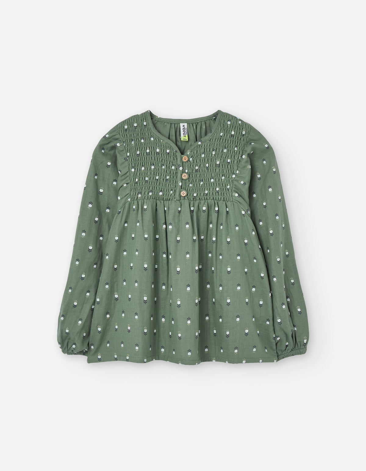 Blusa manga larga flores verde oliva Zippy talle infantil 2T‑7T frontal