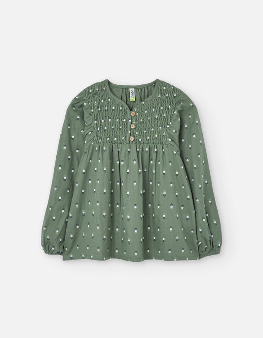 Blusa manga larga flores verde oliva Zippy talle infantil 2T‑7T frontal