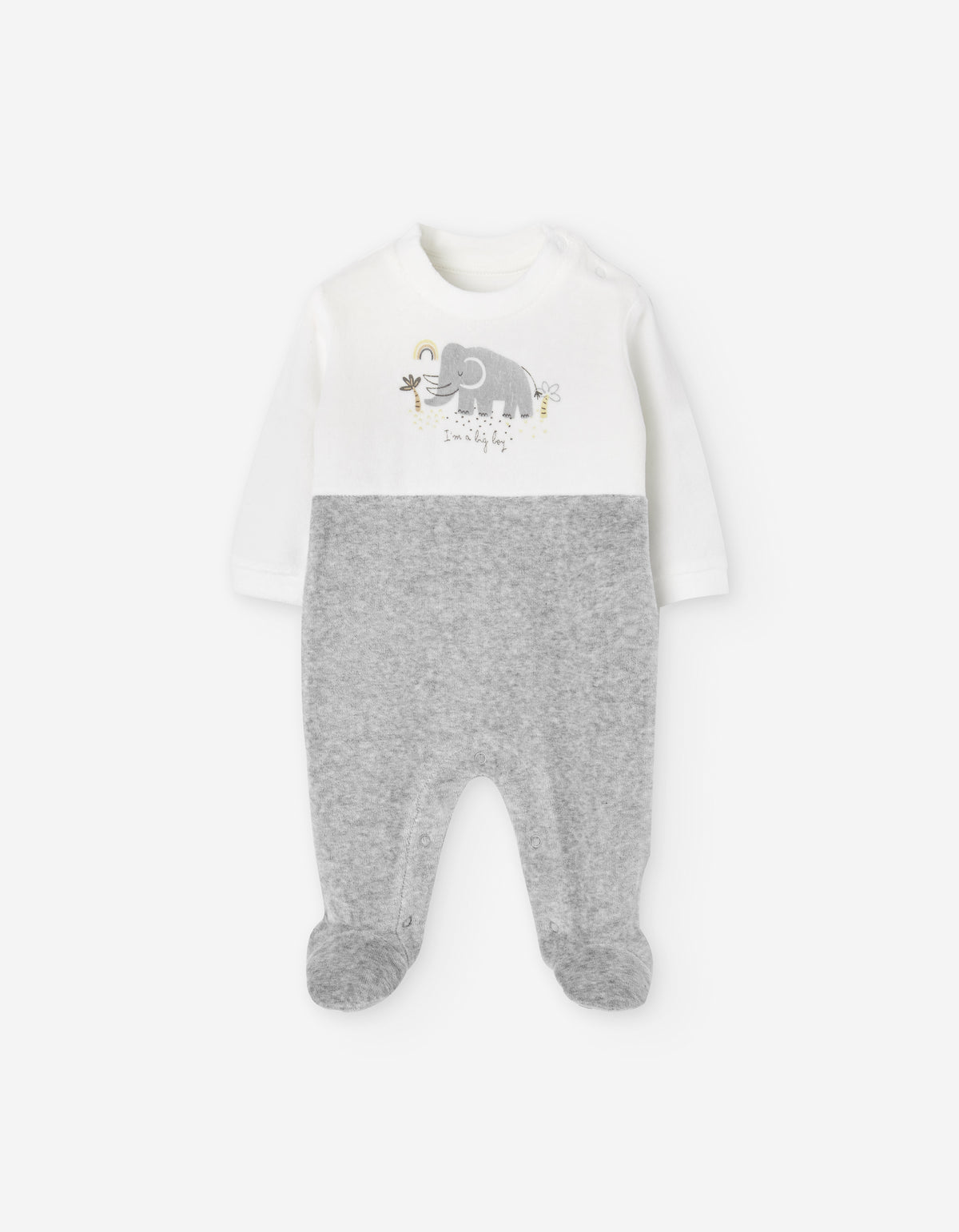 Pijama enteriza blanco gris con elefante LOSAN para bebé niño vista frontal.