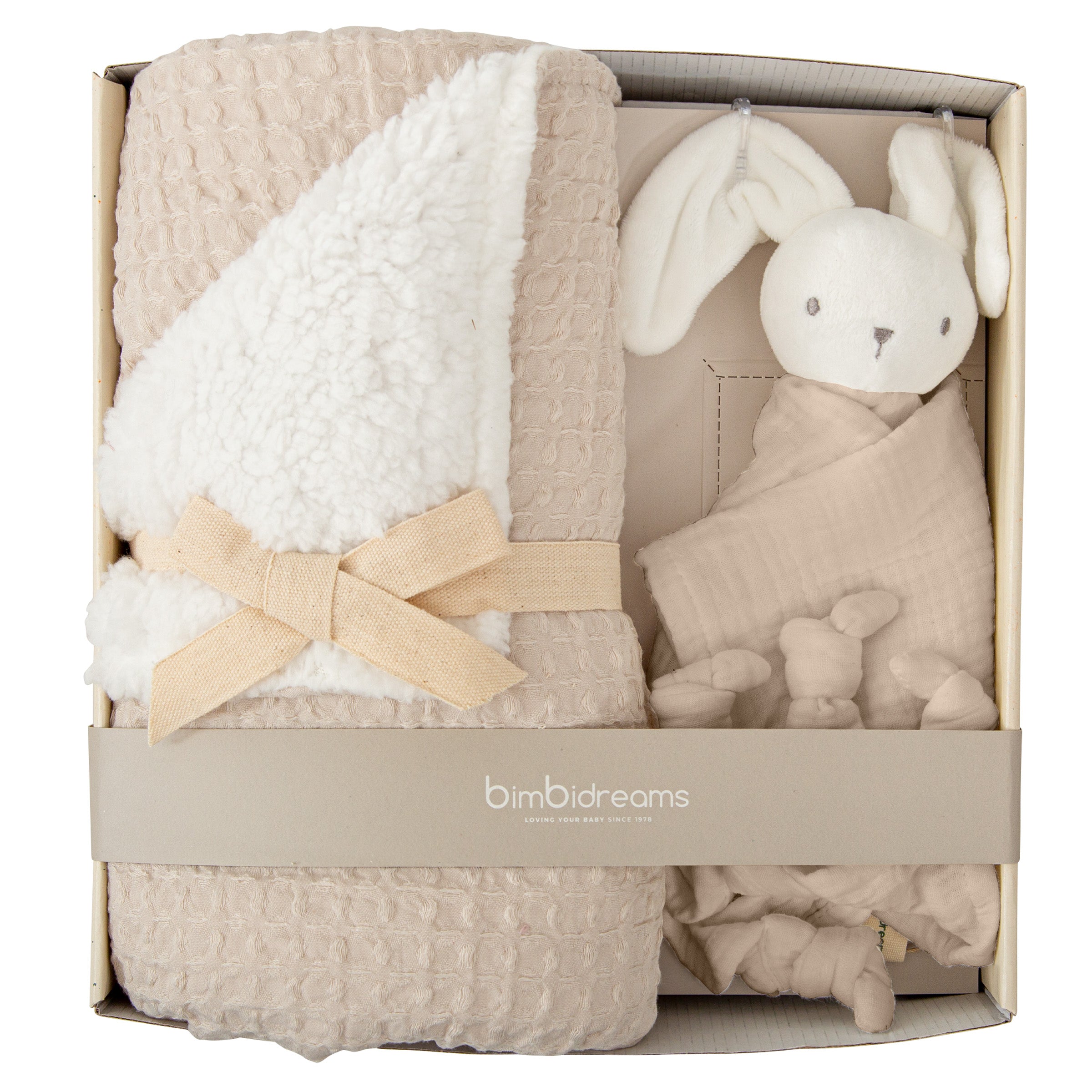Set manta sherpa beige y duoduo conejo Bimbidreams bebé