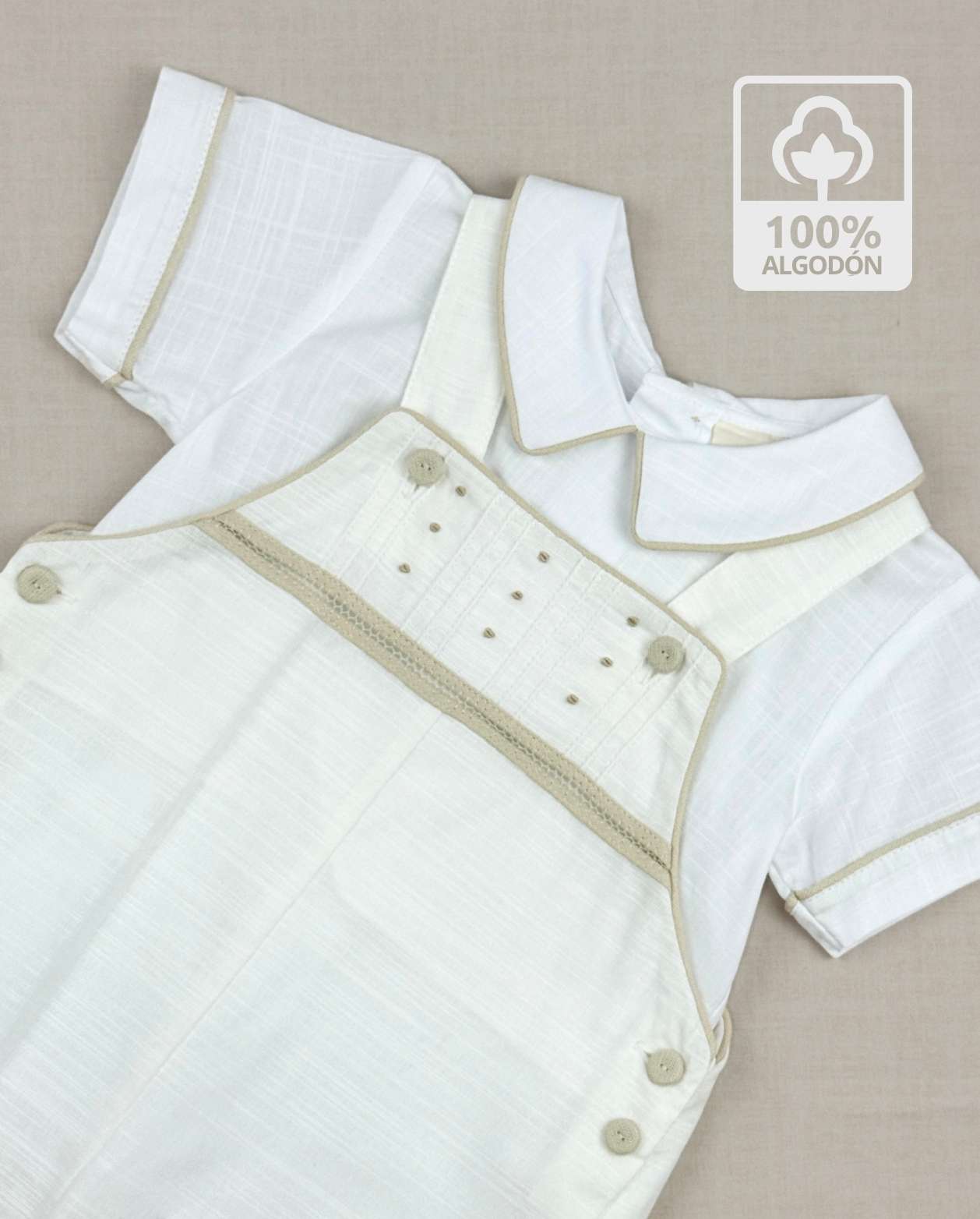 Conjunto Bebé Ceremonia Mameluco Bordado Beige Algodón 