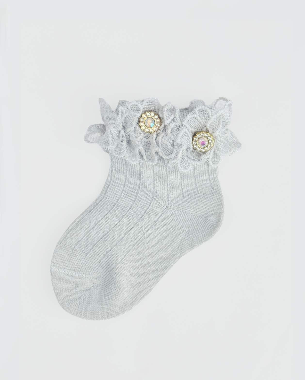 Medias Encaje Flor Perlas Gris