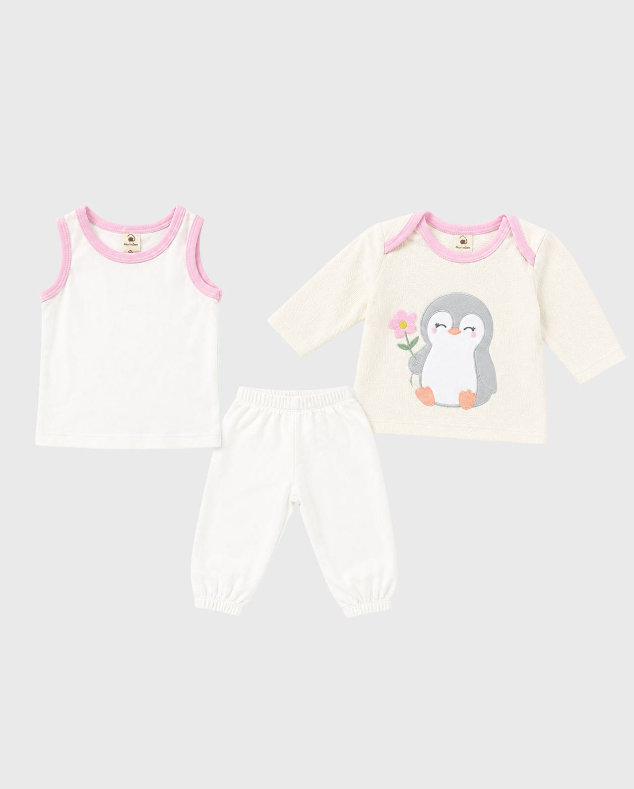 Primer Día Bordado Pingüino Flor Rosa Blanco diseño