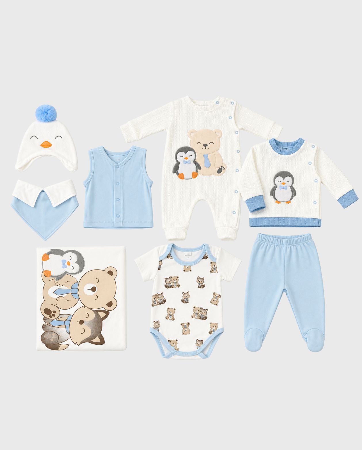 Primer Día Bordado Oso y Pingüino Azul