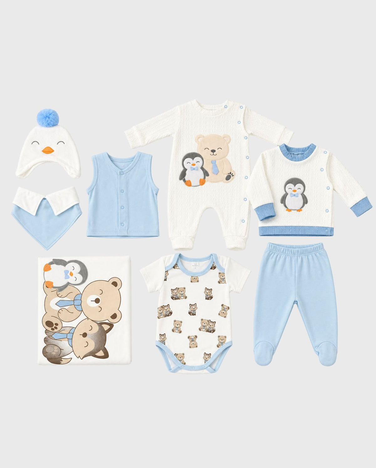 Primer Día Bordado Oso y Pingüino Azul