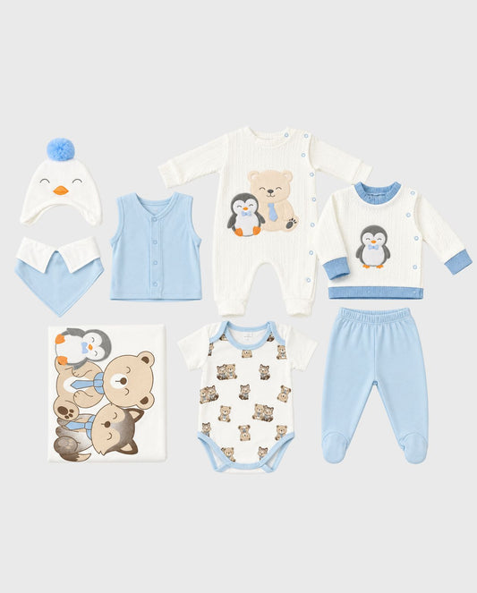 Primer Día Bordado Oso y Pingüino Azul