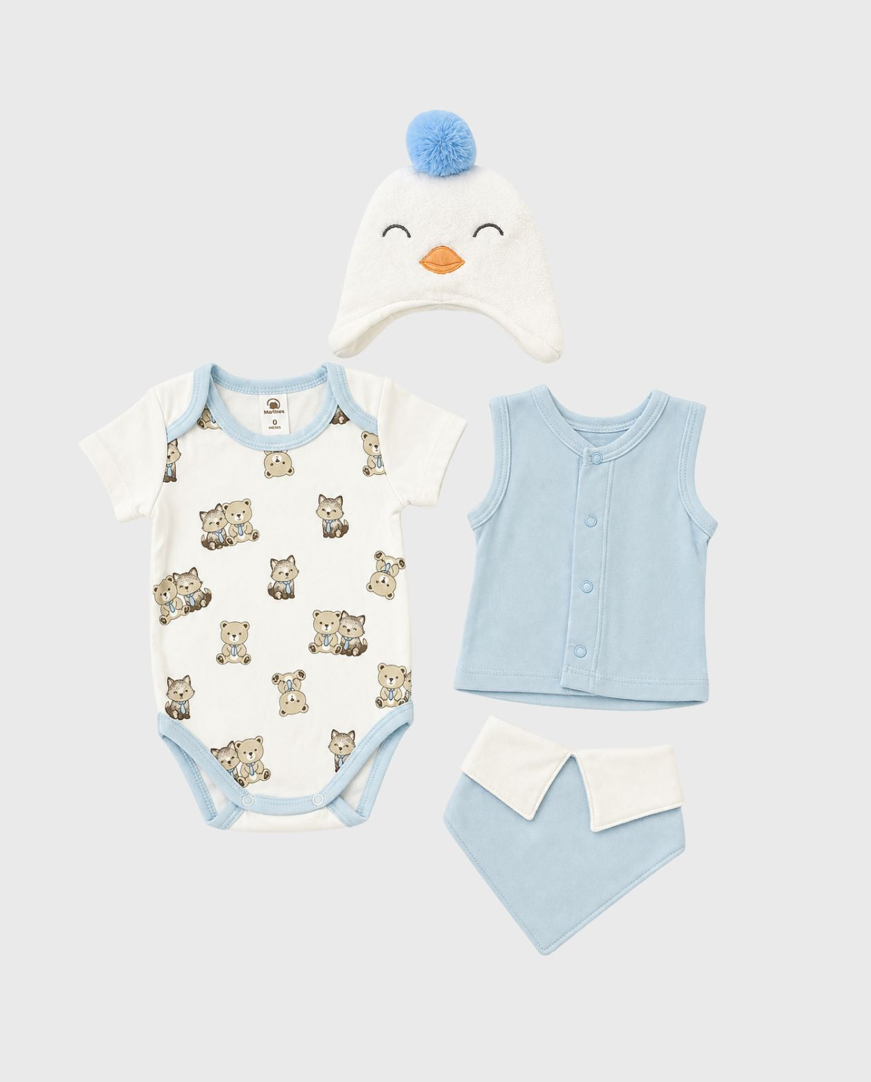 Primer Día Bordado Oso y Pingüino Azul set