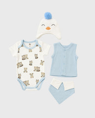 Primer Día Bordado Oso y Pingüino Azul set