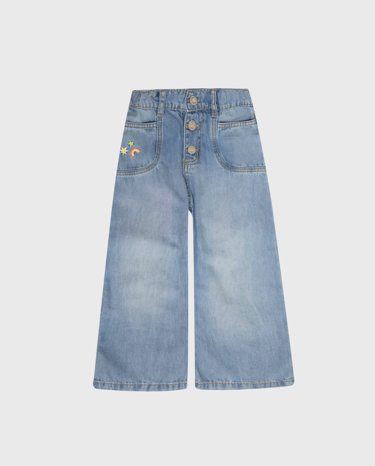 Pantalón Denim Bota Ancha Bordado Arcoiris