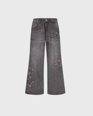 Pantalón Denim Bota Ancha Estrellas Gris