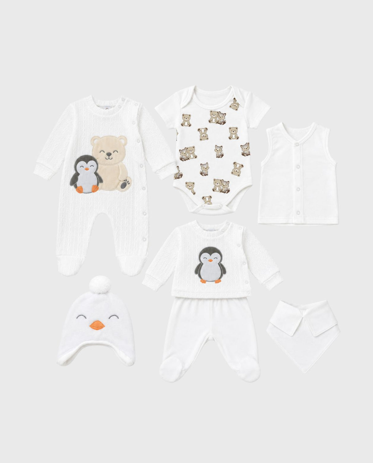 Primer Día Bordado Oso y Pingüino Blanco