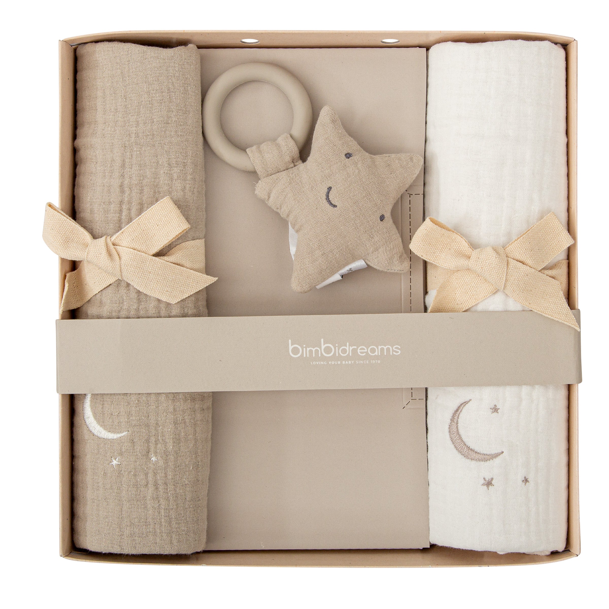 Set muselinas y sonajero estrella neutro Bimbidreams bebé