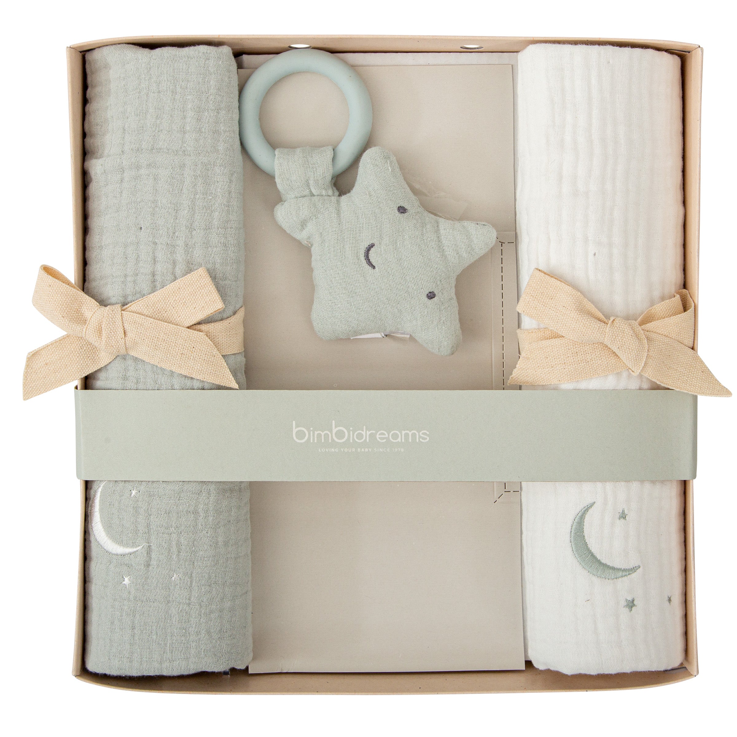 Set de muselinas y sonajero estrella menta Bimbidreams para bebé